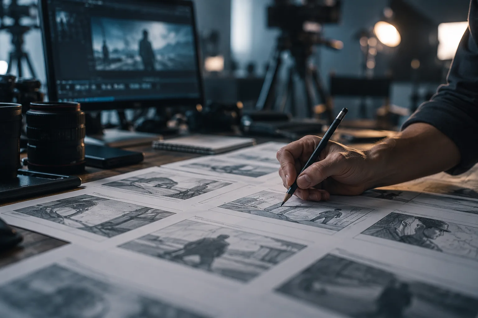 A hand marking a storyboard with a pencil