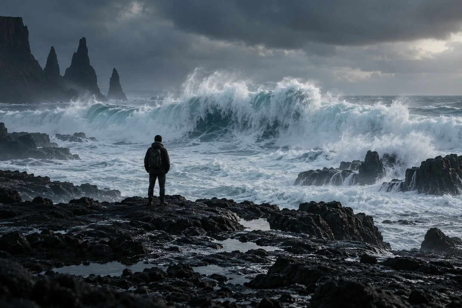 A solitary figure on a volcanic shore facing breaking waves